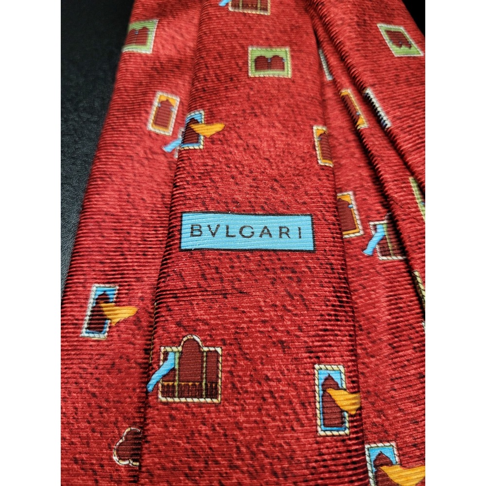 Bvlgari Men's Necktie Red Geometric Silk 3.75" x 58" Excellent